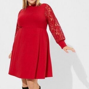 Torrid Red At The Knee Jersey Lace Sleeve Mock Neck Skater Dress Size 2X